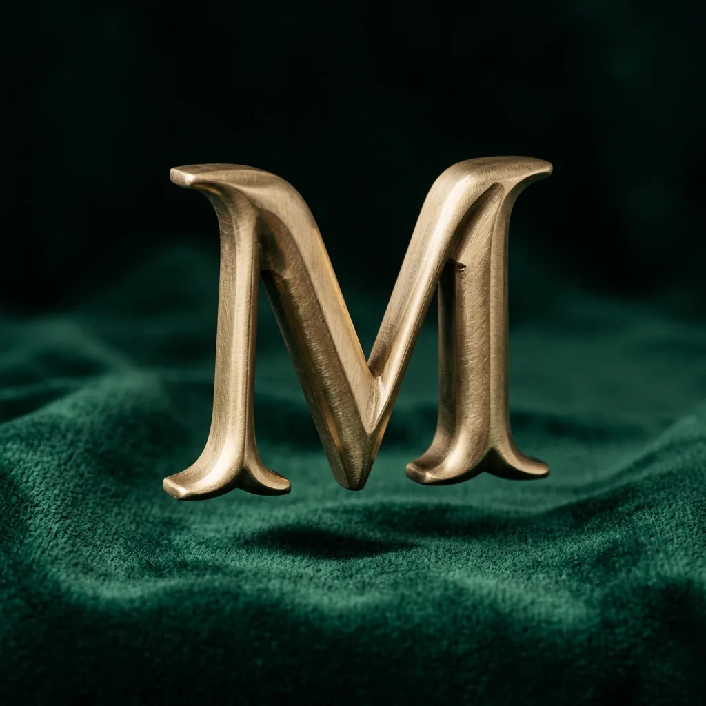 Brass Miravys M monogram resting on deep emerald velvet