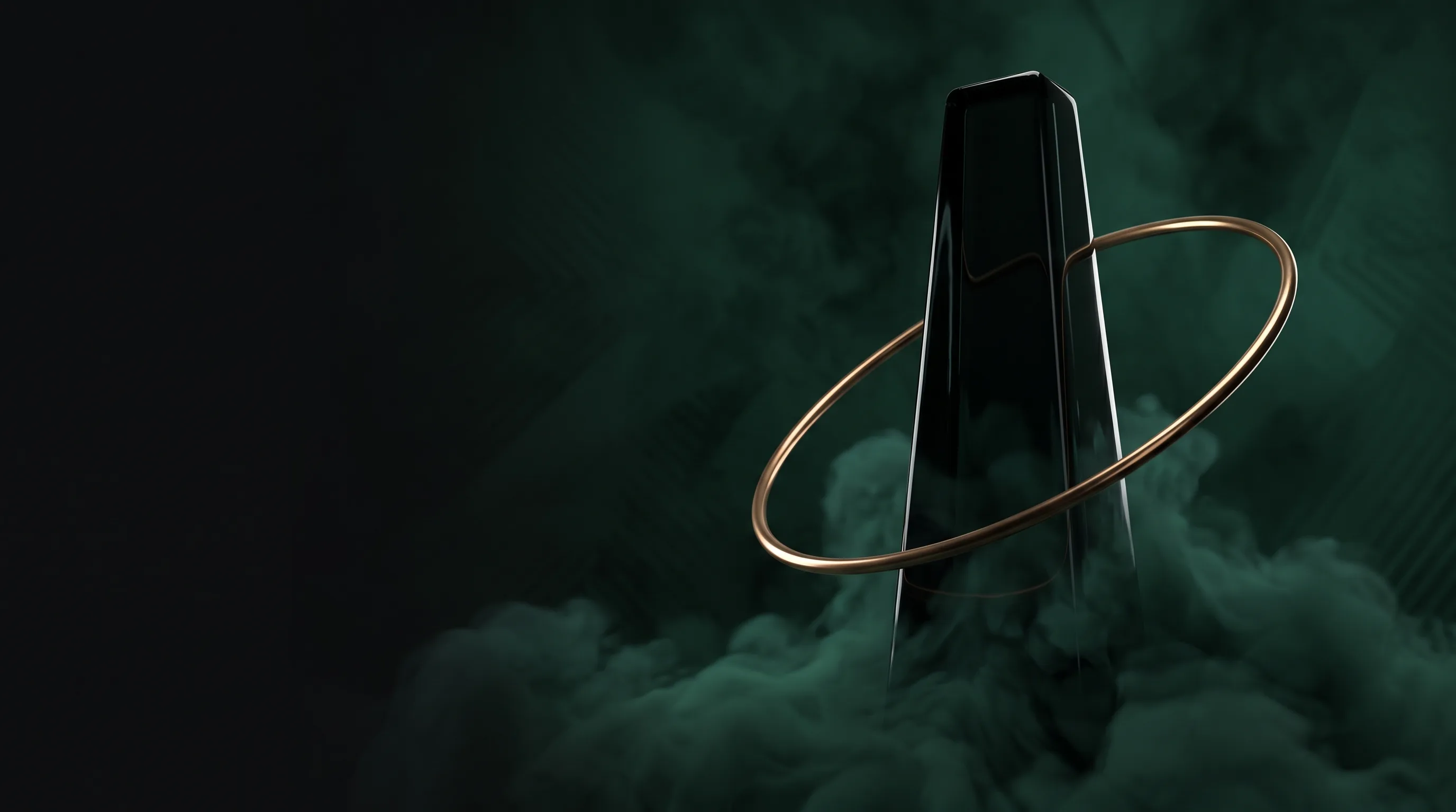 Obsidian monolith crowned by a brass orbit ring, rising through emerald mist